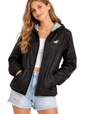 Hollister Full Zip Hooded Windbreaker Jacket Womens Size S Black Blue Lining